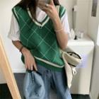 V-neck Plaid Knit Vest Green - One Size