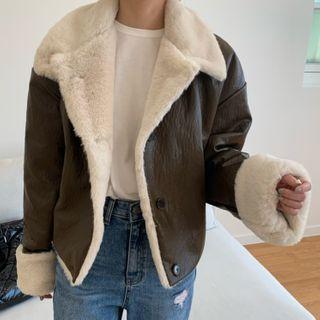 Fleece-lined Faux Leather Buttoned Coat