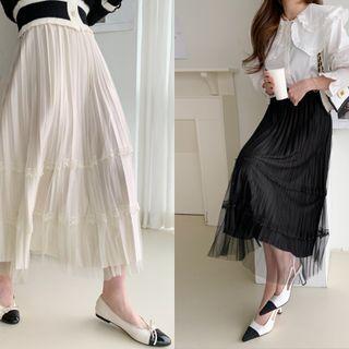 Faux-pearl Trim Mesh Long Tiered Skirt