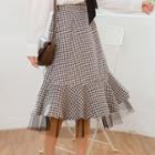 Mesh Panel Midi A-line Plaid Dress