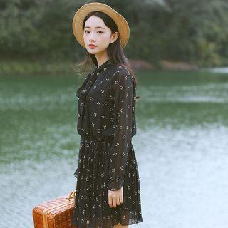 Printed Tie Neck Long Sleeve Dress