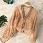 Long-sleeve V-neck Fringed Top