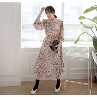 Tie-waist Floral Long Chiffon Shirtdress