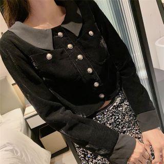 Faux Pearl Velvet Cropped Blouse