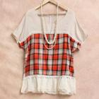 Plaid Panel Lace Hem Top