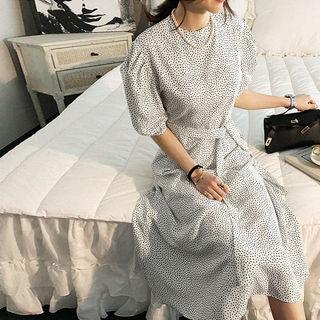 Puff-sleeve Dotted Long Dress With Sash