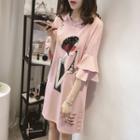 Printed Flared Elbow-sleeve Loose-fit Dress