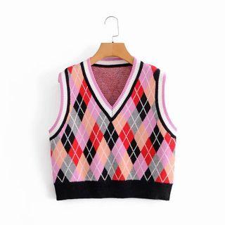 Contrast-trim Argyle Print Knit Vest