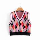 Contrast-trim Argyle Print Knit Vest