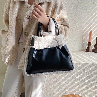 Fleece Panel Faux Leather Tote Bag