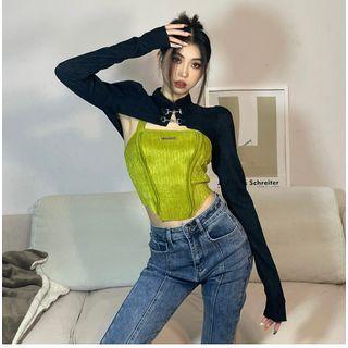 Set: Ribbed Tube Top + Long-sleeve Snaffle Crop Top