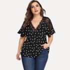 Plus Size Short-sleeve Lace Trim Heart Print V-neck Blouse