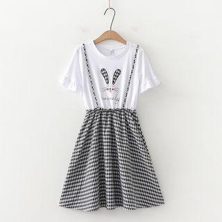 Mock Two-piece Rabbit Print Short-sleeve Mini A-line Dress