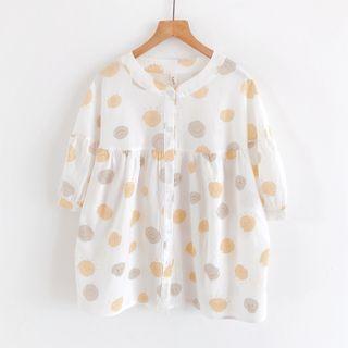 Elbow-sleeve Button-up Dotted Blouse