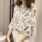 3/4-sleeve Floral Printed Chiffon Blouse