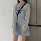 Set : Denim Suspender Skirt + Cropped Long-sleeve Sweatshirt