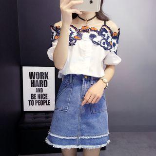 Set: Embroidered Off-shoulder Short-sleeve Blouse + Denim Skirt