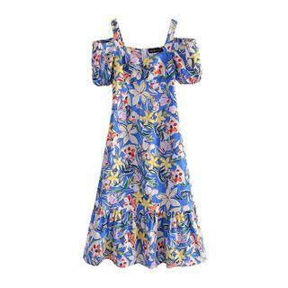 Puff-sleeve Cold-shoulder Floral Print Midi A-line Dress