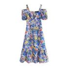 Puff-sleeve Cold-shoulder Floral Print Midi A-line Dress
