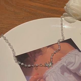 Faux Pearl Rhinestone Butterfly Choker Silver White - One Size