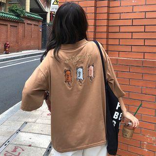 Elbow-sleeve Cat Embroidered Polo Shirt