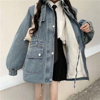 Fleece-lined Washed Zip Denim Jacket Light Blue - One Size