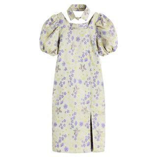 Set: Puff-sleeve Floral Print A-line Dress + Collar