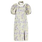 Set: Puff-sleeve Floral Print A-line Dress + Collar