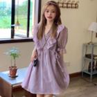 Short-sleeve Ruffled Tie-waist A-line Dress Purple - One Size