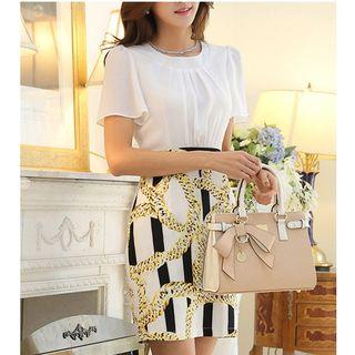 Ruffle Trim Short Sleeve Printed Striped Sheath Dress