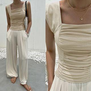 Sleeveless Square-neck Shirred Top Beige - One Size