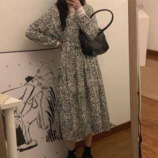 Long-sleeve Leopard Print Tie-waist Midi A-line Dress Leopard - Black & White - One Size