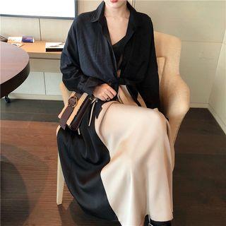Plain Shirt / Spaghetti Strap Midi A-line Pleated Dress