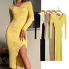 Long Sleeve V-neck Ribbed-knit Slit Long Dress