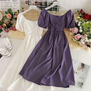 Off Shoulder Plain Button Dress