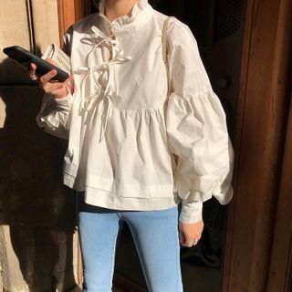 Lantern-sleeve Drawstring Blouse White - One Size