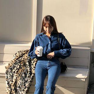 Puff-sleeve Denim Shirt Blue - One Size