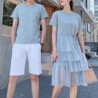 Couple Matching Mesh Panel Short-sleeve A-line Dress / Plain Short-sleeve T-shirt / Shorts