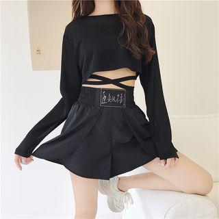Set: Long-sleeve Cropped Top + Wide-leg Shorts + Sleeveless Top