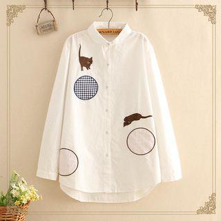 Cat Embroidered Long-sleeve Shirt As Shown In Figure - One Size