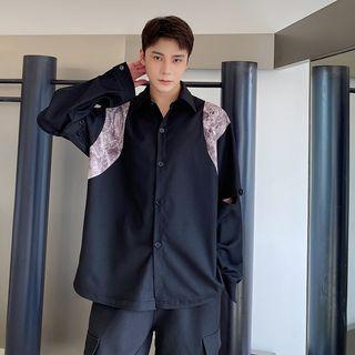 Elbow-cutout Print Panel Shirt