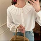 Long-sleeve Pleated Collared Plain Blouse