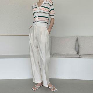 Pintuck Linen Blend Wide-leg Pants