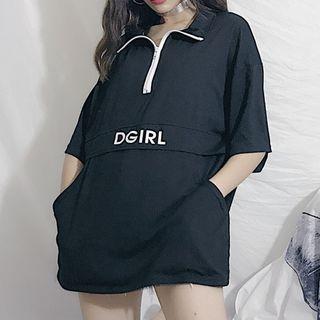 Elbow-sleeve Mock-neck Long Top