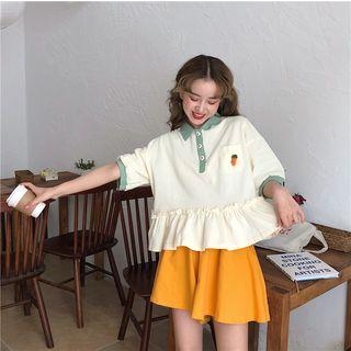 Contrast Trim Elbow-sleeve Polo Shirt Almond - One Size