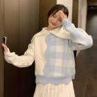 Check Panel Wide-collar Sweater / V-neck Cardigan