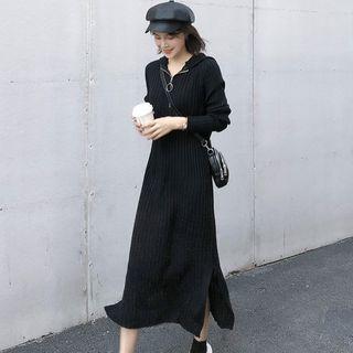 Half Zip Hooded Long-sleeve Midi Knit Dress