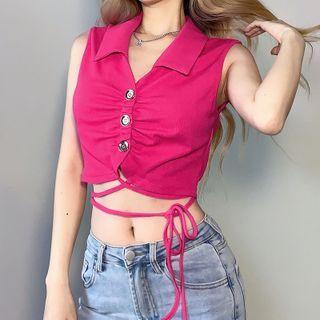 Sleeveless Collar Tie-waist Ruched Tank Top
