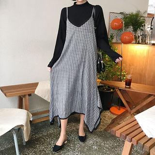 Spaghetti-strap Check / Floral Maxi Dress