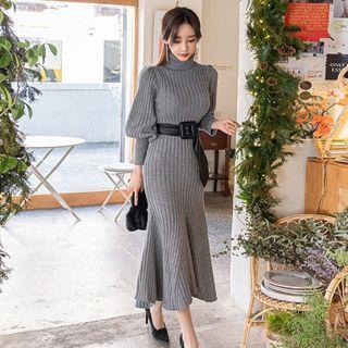 Lantern-sleeve Turtleneck Midi Knit Dress / Faux Leather Belt